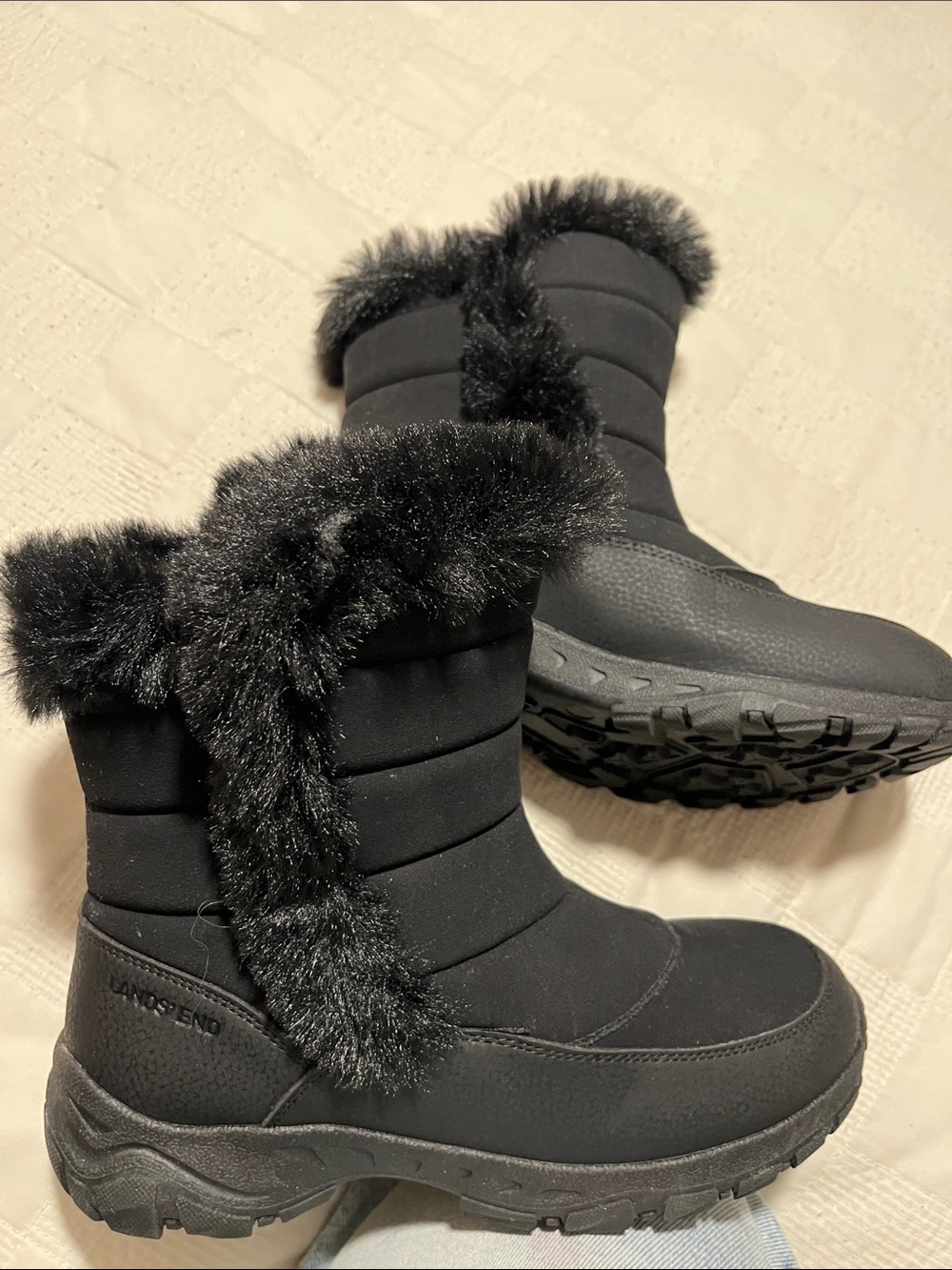 NWOT Lands' End Women BLACK faux fur waterproof Winter/Rain Boots 7.5 never used - Picture 4 of 9